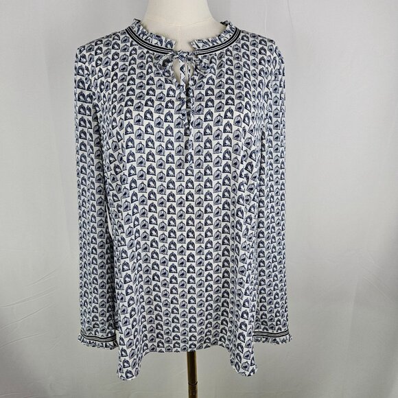 Talbots Grosgrain Trim Crinkle Blouse Medium Birdcage Print Blue - Picture 2 of 10